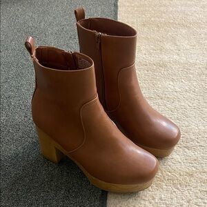 Brown Faux Leather Platform Ankle Boots